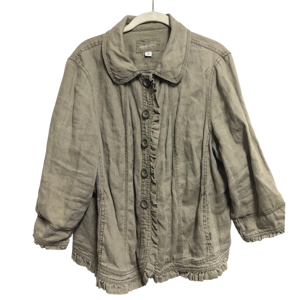 Caslon Linen Olive Green Ruffle Trim‎ Button Front Jacket 16W